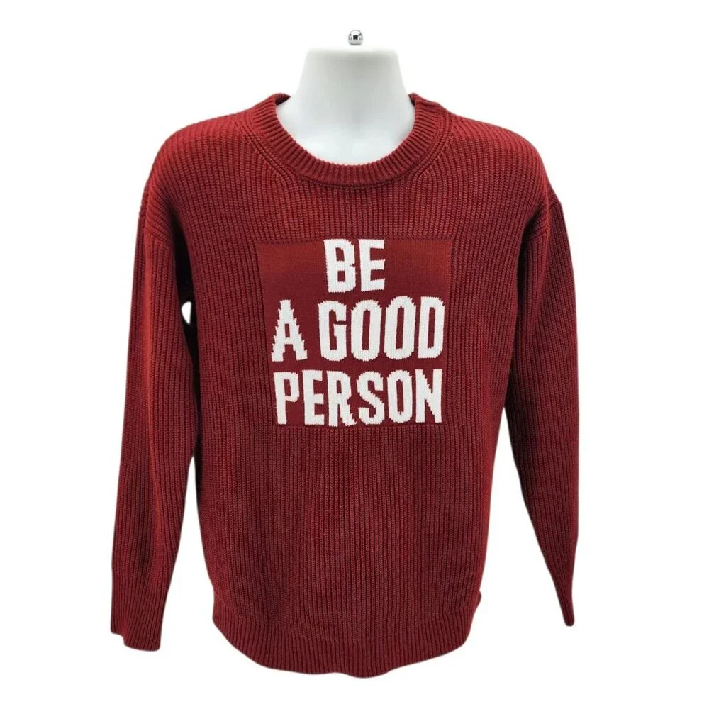 Be A Good Person Mens Small Sweater Spell Out Red White Knit Crewneck
